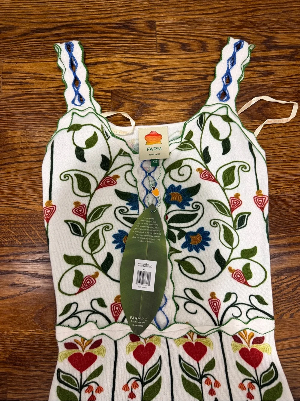 Farm Rio Garden Stitched sleeveless Floral Embroidered White Midi Dress, NWT